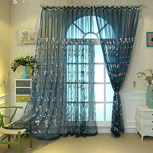 Lsimeru Blau Vintage Vorhang Transparent Kräuselband Gardinen Durchsichtig Romantisch Blumenmuster Voile Vorhänge Schlafzimmer Wohnzimmer Dekoschal,2er Set 140x245
