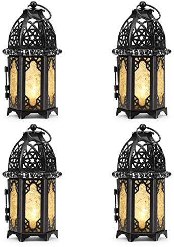 IMAGE Kerzenlaterne 4 Stück Hängende Laterne Metall Kerzenhalter mit Glasscheiben Deko für Weihnachten Hochzeit Garten Balkon, schwarz