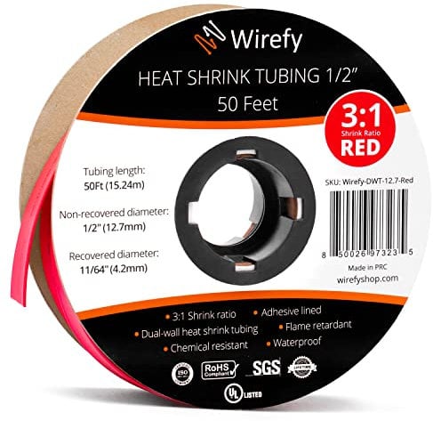 Wirefy 1/2 Heat Shrink Tubing - 3:1 Ratio - Adhesive Lined - Marine Grade Heat Shrink - Red - 50 Feet Roll