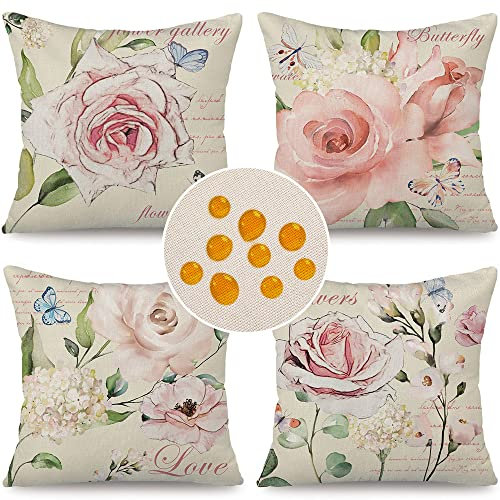 Cirzone wasserdichte Kissenbezug Frühling 4 Stück 45 x 45 cm Dekorative Outdoor Kissen Frühling Wasserfest Rosa Blüten Kissenbezug Werden für Sofakissen Garten Outdoor