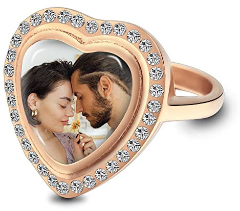 MeMeDIY Ringe Edelstahl Frauen Personalisiertes Foto Ringe Damen Silber/Gold Gedenkschmuck Modeschmuck Damen Süße Geschenke für Freundin Teenager Beste Freundin Geburtstag (Roségold Größe 65)