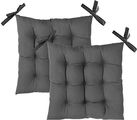 Komfortec 2er Set 40x40 cm Stuhlkissen mit Bändern, 100% Mikrofaser Sitzkissen 110 g/m², Wasserabweisend Dekokissen Sitzauflage Zierkissen Gartenstuhl für Innen- & Außenbereich, Anthrazit