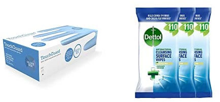 TOUCHGUARD Blue Nitrile Disposable Gloves, Latex & Powder-Free, Box of 100, Small Bundle with Dettol Antibacterial Biodegradable Surface Cleaning Disinfectant Wipes, 110 Count (Pack of 3)