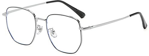 Lanomi Mode Metall Blaulichtfilter Brille Damen Herren Groß Polygon Computerbrille Ohne Stärke Vollrand UV400 Schutz TV PC Anti Blaulicht Metallbrille (Schwarz Silber)