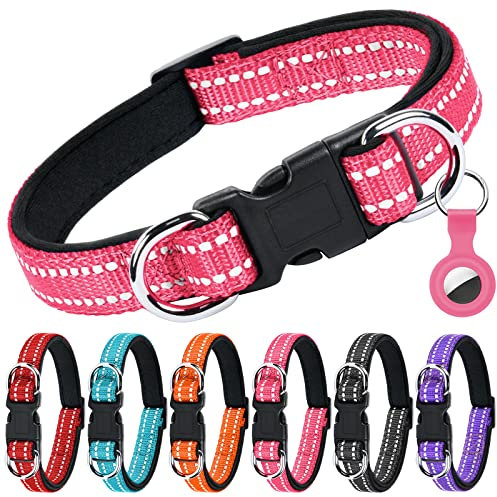 AUAUY Collier pour Chien, Collier en Nylon Réfléchissant Réglable Classique avec Rembourré Doux Respirant Mesh, Collier avec Étui AirTag pour Petits Chiens, Moyen Gros, Grand Chiens(Rose-L)