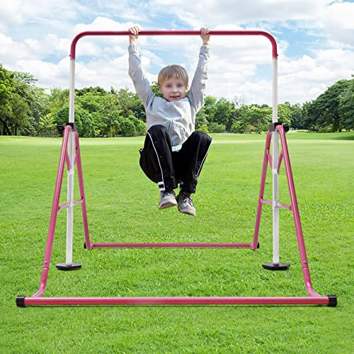 SanBouSi Kinder Turnreck Gymnastik Horizontalstangen, Klappbar Horizontale Leiste Gymnastik Reck Trainingsgeräte Outdoor Fitness Höhenverstellbar Rosa