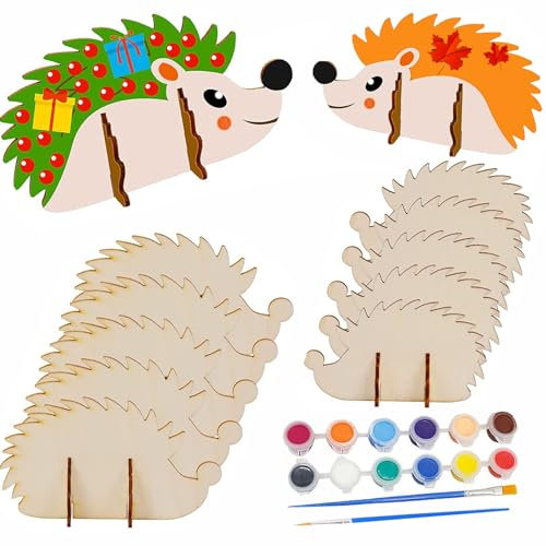 Holz Igel Bastelset Kinder,10 Stück Holz Herbstdeko,3D Igel Holzbastelsets für Kinder,Igel Bastelsets,Herbst Bastelset Kinder für Mädchen Jungen DIY Malen Dekoration