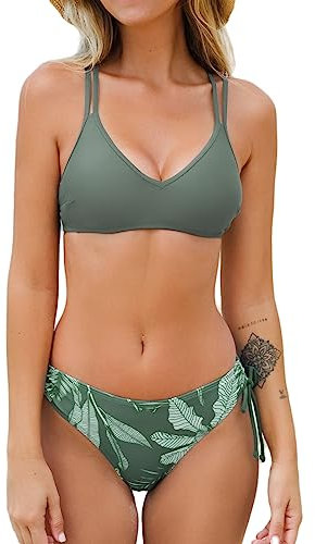 CUPSHE Damen Bikini Set V Ausschnitt Low Waist Bademode Crossback Tunnelzug Zweiteiliger Badeanzug Swimsuit Salbeigrün/Tropisch L
