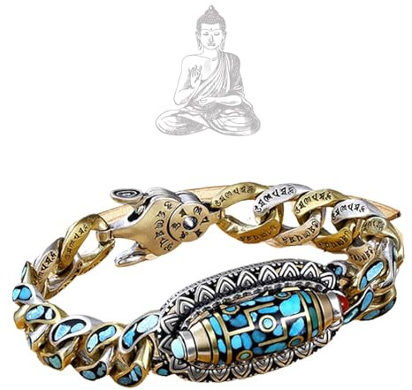 ELDEMA Bracelet de Perles Mantra à Six Caractères, Feng Shui, Dzi Tibétain Bouddhiste Fait à la Main, Amulette de Méditation Porte-Bonheur (7.87IN,B)
