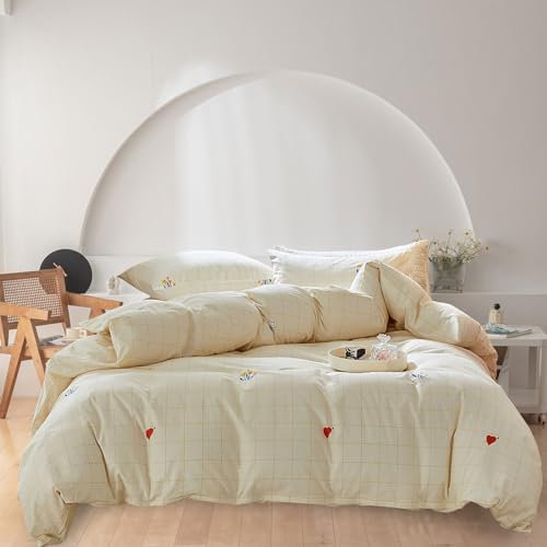AOJIM Plaid Duvet Cover Set Pure Cotton, Floral and Heart Shaped Pattern Comforter Cover, 1 Queen Size Quilt Cover and 2 Pillowcases, Soft Bed Set for Room Decor (No Comforter)
