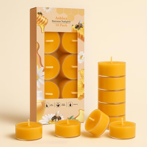 Ashlux Bienenwachs Teelichter, Bienenwachskerzen, 10 Stück, Gelb, 4 Std. | 100% reines Naturwachs, Acrylbecher, tropffrei & rußfrei – ideal für Weihnachten, Hochzeit, Party & Zuhause
