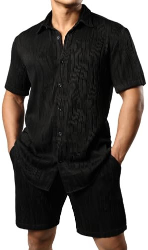 JOGAL Herren Hawaii Hemd Outfit Kurzarm Sommer Freizeithemd und Shorts Set Badeshorts Strandhemd für Männer Schwarz Groß