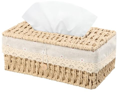 Boite à Mouchoir, Distributeurs de Mouchoirs, Boîte à Mouchoirs Rectangulaire, Housse de Boîte à Mouchoirs en Rotin pour Maison, Voiture, Bureau 24x14x10cm (Beige)