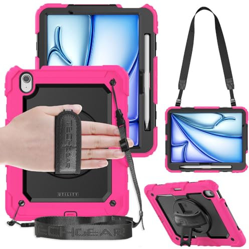 TECHGEAR UTILITY - Custodia per Apple iPad Air da 11 (M3 2025 / M2 2024), resistente e robusta, antiurto, con supporto girevole a 360°, cinghia da polso e tracolla, rosa