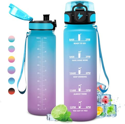 Gourde 1L, Gourde Sport, Étanche et Réutilisable, Bouteille d'eau 1 Litre avec Marqueur de Temps et Filtre, Bouteille pour Adulte, l'école, Cyclisme, Voyage, Camping, Fitness, Yoga, Bureau, Gym