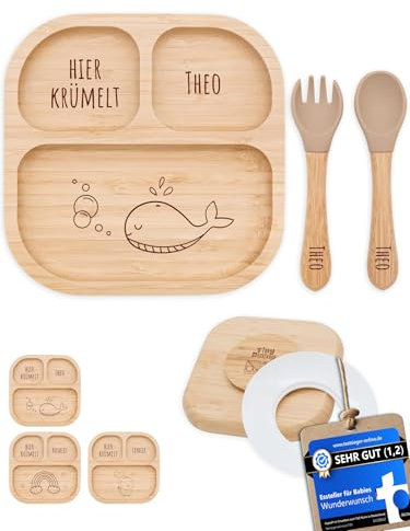Bärenfreunde® - Personalisierter Teller mit Saugnapf - Praktisches Beikost Zubehör mit Namen - Baby Teller Rutschfest - Personalisierte Geschenke (Wal)