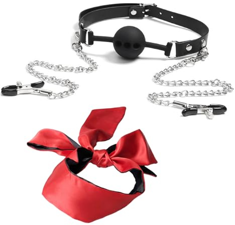 FLYSL Knebel Mundknebel mit Nippelklemmen,Augenseide Schwarz Rot,Ball Gag mit Luftlöchern,Knebel Mund Extrem,Mundknebel für Frauen,Fetisch SM Liebhaber Sex spielzeug (Knebel + Augenseide)
