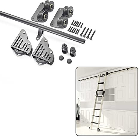 CuNtoHHH Rollleiter-Hardware-Bibliothek Schiebeleiter-Hardware-Kit, runde Schiene (Keine Leiter) mit Bodenrollen, Mobile Leiterschiene aus rundem Stahlrohr für Zuhause/drinnen/auf dem Dachboden