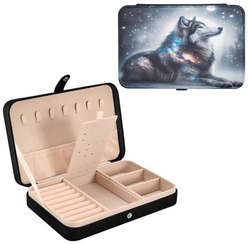 Schmuckkästchen aus Leder, geheimnisvolle Galaxie, Wolf, für Halsketten, Ringe, Ohrringe, Organizer für Damen, Reise-Schmuck-Organizer