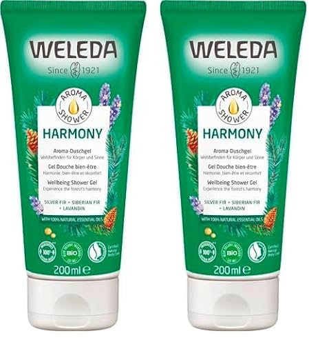 Weleda Aroma Shower Harmony, bagno doccia agli aromi 100% naturali di abete bianco, abete siberiano e lavanda, tollerabilità cutanea dermatologicamente testata (1X200 ml) (Confezione da 2)