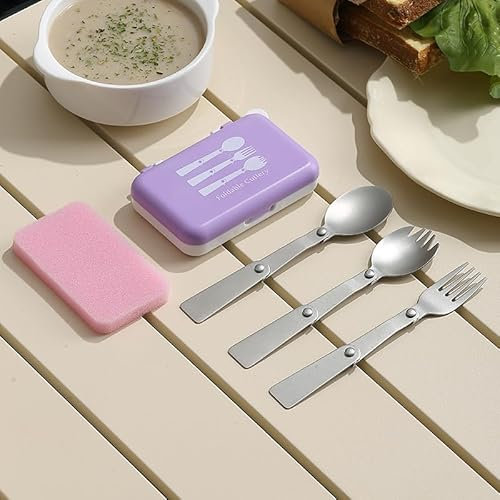 3Pcs Foldable Fork Spoon Spork Set 18/10(304) Stainless Steel Portable Folding Camping Flatware Set for Travel Thermos Outdoor Picnic Fishing Boating Backpacking (Purple)