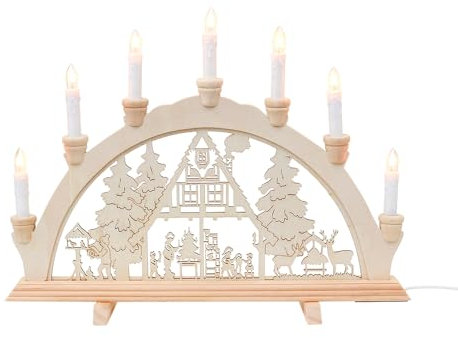 Wichtelstube-Kollektion Holz Schwibbogen Lichterbogen Fortshaus 45cm Schwippbogen Weihnachten Weihnachtsbogen Schwibbogen Weihnachten 7 Kerzen 230V Anschluss