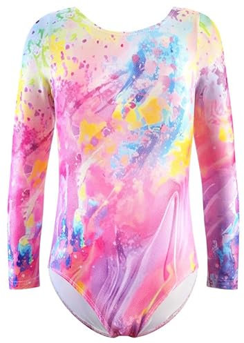 XiaoMoSha Gymnastikanzug für Mädchen, langärmelig, Tanzanzug, glitzernd, Ballett, Tanzkleidung für kleine Mädchen von 2–14 Jahren, PinkTieDye, 7-8 Years
