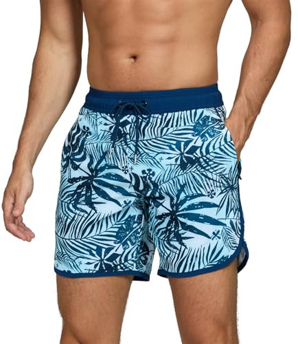 EDOTON Shorts de Bain Homme Maillot de Bain pour Homme Short de Plage à Séchage Rapide avec Réglable et Poches Surf Short uni Imprimé (Feuilles de Palmier,EU XL)