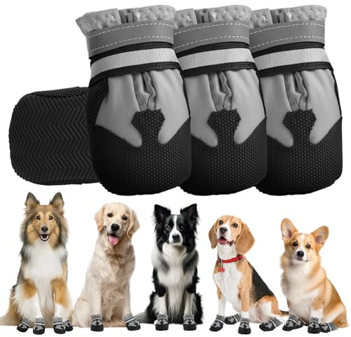 QKURT 4 Stück Hundeschuhe, Hundestiefel Pfotenschutz, wasserdichte Hundeschuhe mit Reflektierenden Riemen, Verstellbare, Waschbare, Pfotenschützer für Kleine, Mittlere und Große Hundee