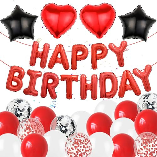 Geburtstag Deko Luftballons Frauen Mann - 37 Stücke Happy Birthday Folienballons Banner Rot Schwarz, 16 Zoll Buchstaben Herz Ballon Girlande Geburtstagsdeko für Kinder Erwachsene Party