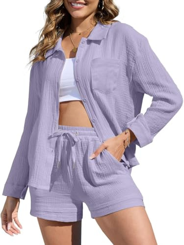 Yutdeng Tuta Donna 2 Pezzi Camicia con Bottoni a Maniche Lunghe e Pantaloncini con Coulisse e Tasche Completo Elegante Tuta da Casa Tuta Casual Estivo in Lino Completi Sportivo,Viola,L