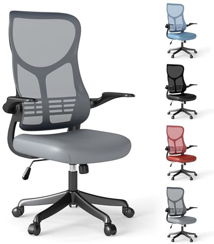 ROYALJOBO Ergonomic Mesh Executive Office Chair - Adjustable High Back Desk Chair with Lumbar & Neck Support, Flip-Up Arms for Home Office, Gaming,Computer Work (Grey)