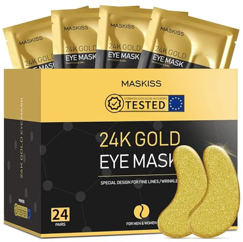 Parches para debajo de los ojos (24 pares) - Mascarillas gel ojos de oro de 24K Cuidado de la piel enriquecido con abundante colágeno, ácido hialurónico almohadillas