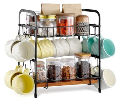 VEVOR 2 Tier Coffee Bar Organizer for Countertop, Multifunctional Mug Holder and Coffee Station, 12 Movable Hooks and 2 Shelves for Coffee Accessories Storage and Display, Home Office (Matte Black)