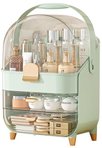 Multi-Purpose Makeup Organiser Case with Lid - Dustproof Cosmetic Storage Box for Skincare Products, Jewellery, Perfumes, Lipstick for Bedroom Bathroom Countertop (Green/Gold)