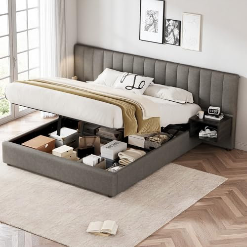 Zubaliya Lit 160x200 avec sommier à Lattes en Bois,lit Coffre 160x200 avec Deux Tables de Chevet et Espace de Stockage hydraulique,Cadre de lit 2 Personne,Lin(B-Gris 160)