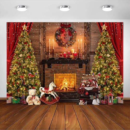 Avezano Fondo navideño chimenea árbol de Navidad juguete lindo oso invierno foto fondo familia niños navidad fiesta decoraciones fondo foto accesorios de cabina (7 x 5 pies)