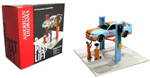 Kidaromo Ensemble de modèles élévateurs de garage et d'accessoires 1:64 comprenant un élévateur automatique, un bac de vidange d'huile et une figurine, diorama réaliste d'atelier de voiture miniature