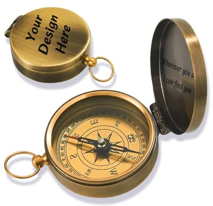 Personalisierter Kompass aus Zinklegierung, personalisierter gravierter Taschenkompass mit Leuchtfunktion, wasserdichtes Wander-Navigationswerkzeug für Männer, Outdoor-Abenteuer (Bronze)