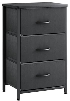 VERMESS Bedroom Chest of Drawers, 3 Fabric Drawer Dresser, Bedside Table, Small End Table for Living Room, Wooden Cabinet Bedside, Narrow Nightstand Side Table (Black)