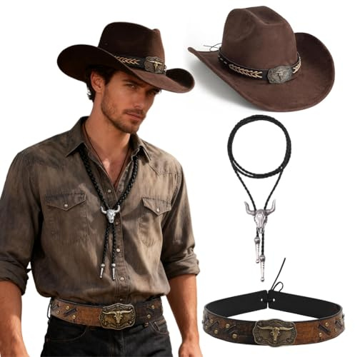 JhavexToy Cowboy Zubehör Set Westlicher Stil mit Hut Lederkrawatte & Totenkopf Gürtel, Western Kostüm Geschenk für Halloween Karneval Weihnachten Geburtstage