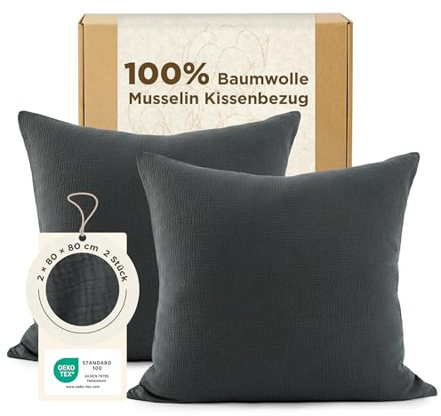 BEDSURE Musselin Kissenbezug 80x80 2er - Anthrazit, Baumwolle, Oeko-TEX | Kopfkissenbezug 80 x 80, Muslin Kissenbezüge mit Reißverschluss, Weich, Sicher, Atmungsaktiv, Hautfreundlicher Komfort