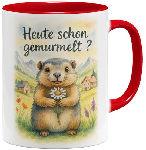 OM3 Tasse à café amusante en forme de marmotte avec inscription en allemand « Heute schon gemurmelt ? » - Tasse en céramique - 325 ml - Imprimé des deux côtés - Rouge