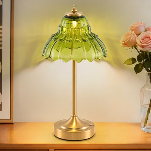 EIDEARAY Rechargeable Table Lamp, Battery Operated Table Lamp, Cordless LED Green Glass Morning Glory Shape Lamps with Dimmable, Decorative Touch Lamps for Living Room
