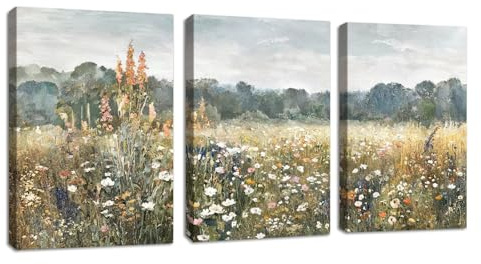 3 Pcs Vintage Wildblumen Landschaft Leinwand Bilder mit Rahmen Retro Felder Blumen Wandbilder Klassisch Natur Wildnis Bild Auf Leinwand Poster Deko für Wohnzimmer Schlafzimmer Büro 40X60cmx3 Pcs