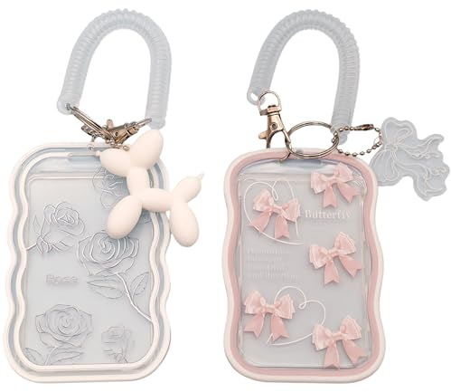 YJFY Kpop Lot de 2 porte-cartes photo Kpop - Protection créative pour bus et cartes d'étudiant - Porte-cartes photo - Porte-clé - Pour album idole, cartes, banque - Porte-cartes (rose, blanc)