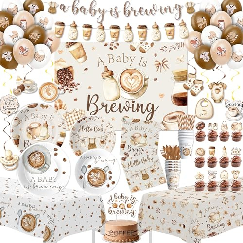 Owelleny Coffee Baby Shower Decorations, A Baby is Brewing Baby Shower Party Supplies, Paper Plate, Napkin, Cup, Backdrop, Banner, Tablecloth, Balloon, Cake Topper, Serves 24