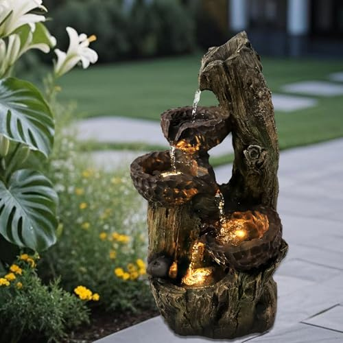 5-Tier water Fountain Outdoor Garden with LED Lights, 20 inches outdoor Garden Fountain for Patio, Garden Fountains Outdoor, Mains Powered, 5m Cable, (Trees)