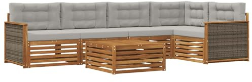 vidaXL Outdoor-Sofagarnitur mit Kissen 6 pcs Natürlich und Hellgrau, Patio Ecksofa, modernes Lounge-Set für draußen, wetterfestes Gartenmöbel für die Terrasse, Bequeme Sitzgelegenheit