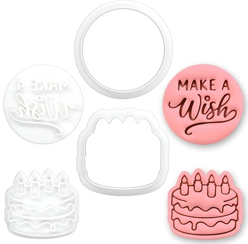 BAKERLOGY 2er Set „Make a Wish“ & Geburtstagskuchen Mini Keksausstecher mit Stempel – Fondant Ausstecher für Geburtstagsfeier, Cupcake-Dekoration & Plätzchenbacken